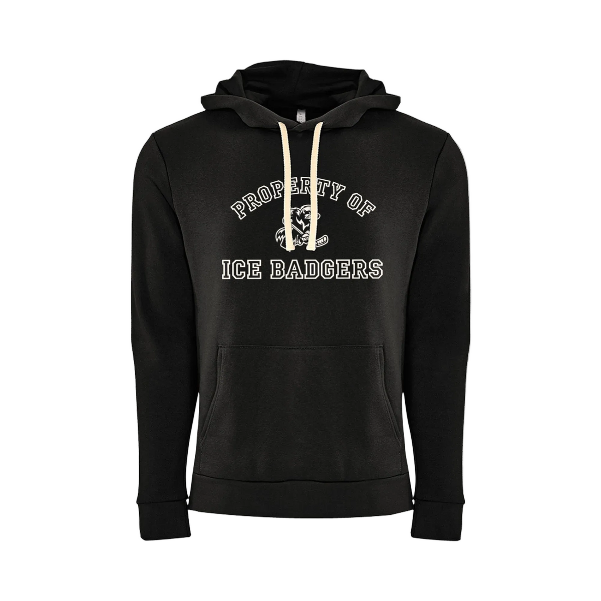 Ice Badgers pullover hoodie, front view, black
