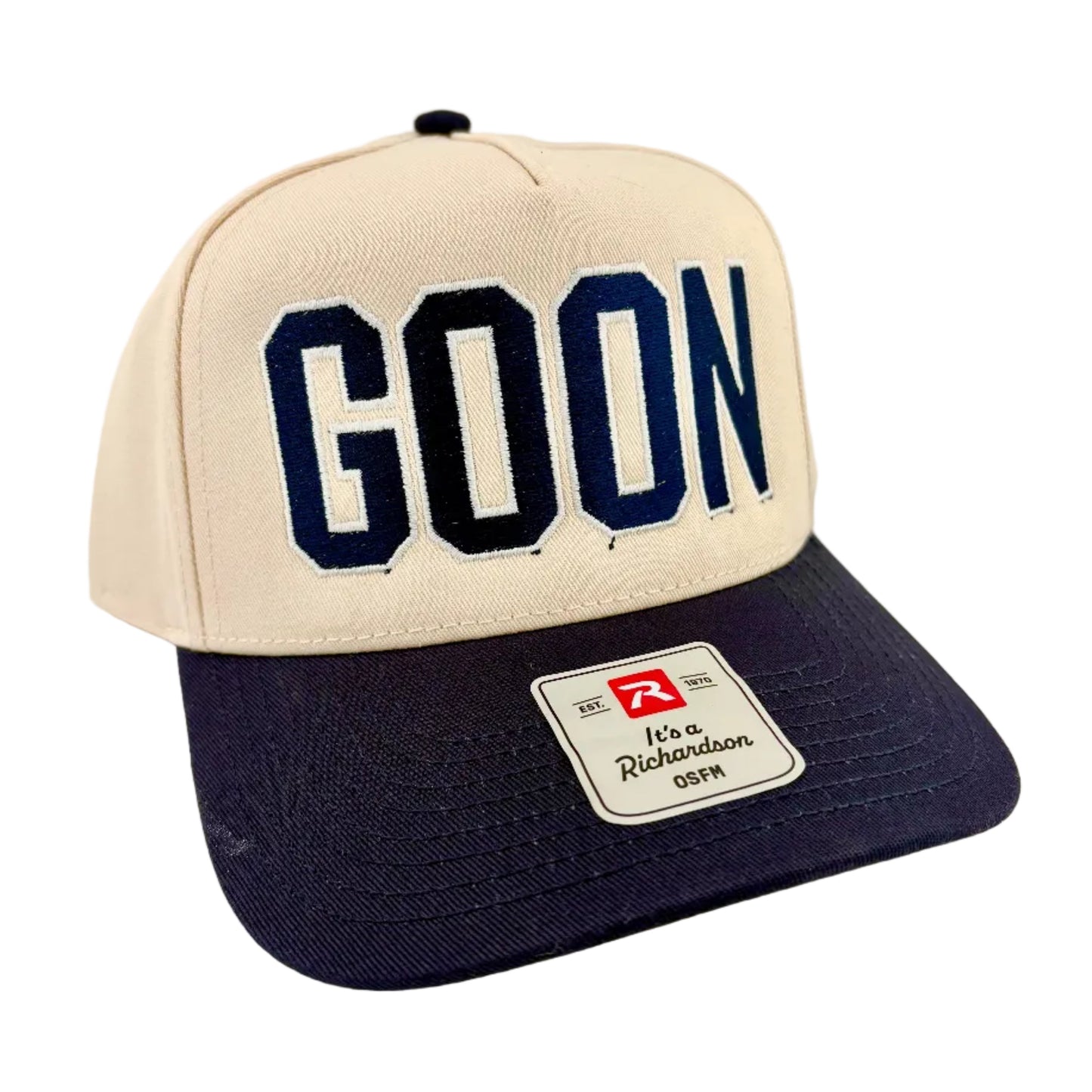 Cream cap with 'GOON' in blue text on a white background